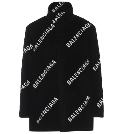 Shop Balenciaga Logo Wool And Cashmere Coat In Black