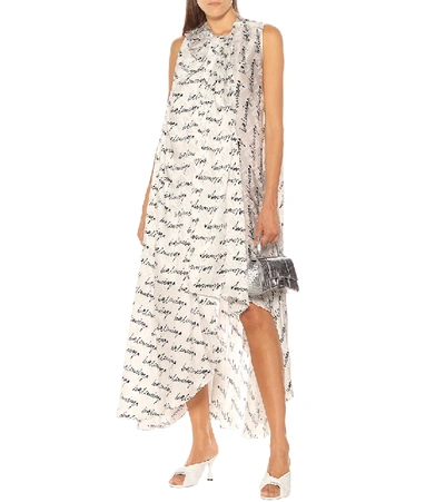 Shop Balenciaga Logo Asymmetric Silk Midi Dress In White