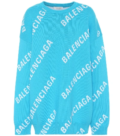 Shop Balenciaga Logo-jacquard Cotton-blend Sweater In Blue