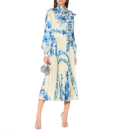 Shop Valentino Floral Silk-twill Midi Dress In Blue
