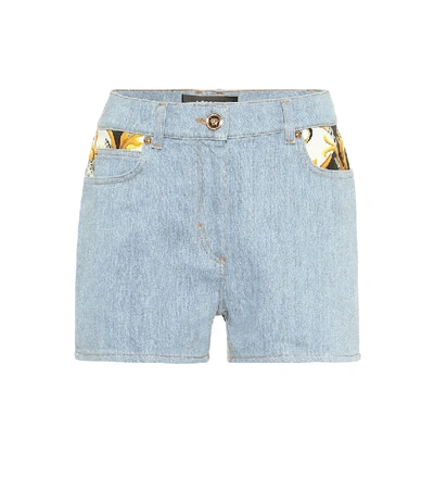 Shop Versace High-rise Stretch-denim Shorts In Blue