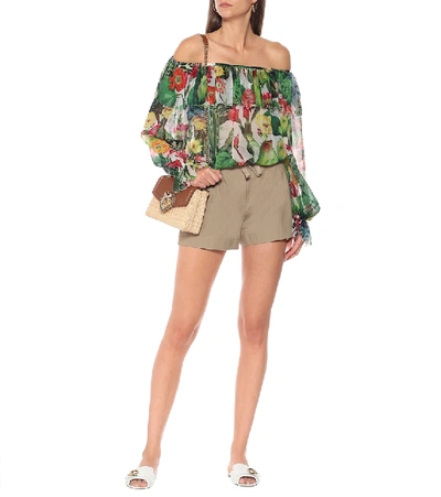 Shop Dolce & Gabbana Printed Chiffon Off-shoulder Blouse In Green
