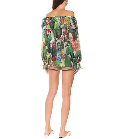 Shop Dolce & Gabbana Printed Chiffon Off-shoulder Blouse In Green