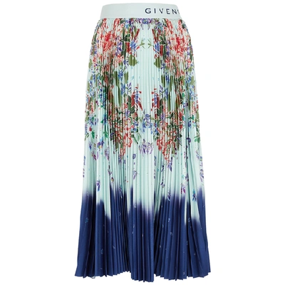 Shop Givenchy Floral-print Pleated Satin Midi Skirt In Blue