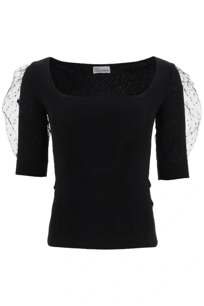 Shop Red Valentino Knit Top With Point D'esprit Tulle In Black