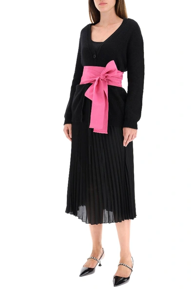 Shop Red Valentino Cardigan With Sash Belt In Black,fuchsia