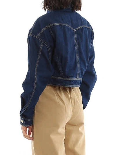 Shop Versace Jeans Couture Crop Bue Denim Jacket In Blue