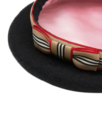 Shop Burberry Striped Bow Beret In Black