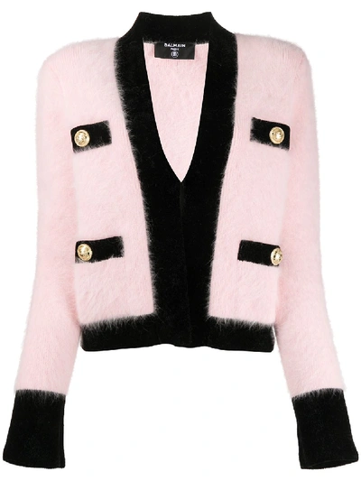 Shop Balmain Velvet Trim Cropped Cardigan In Pink