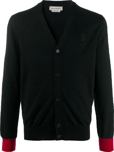 Shop Alexander Mcqueen Contrasting-cuff Wool Knit Cardigan In 黑色