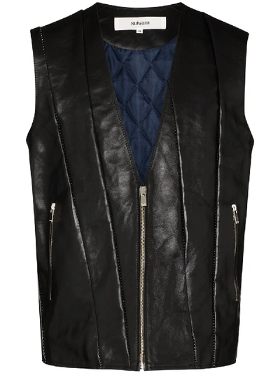 Shop Sulvam Grafting Leather Waistcoat In Black