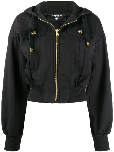 Shop Balmain Quilted-detail Zip-up Hoodie In Black