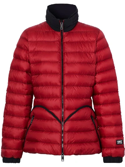 Shop Burberry Packaway Hood Peplum Puffer Jacket In Red
