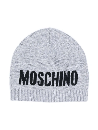 Shop Moschino Intarsia Logo Knit Beanie In Grey