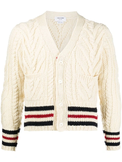 Shop Thom Browne Stripe-trim Cable-knit Cardigan In White