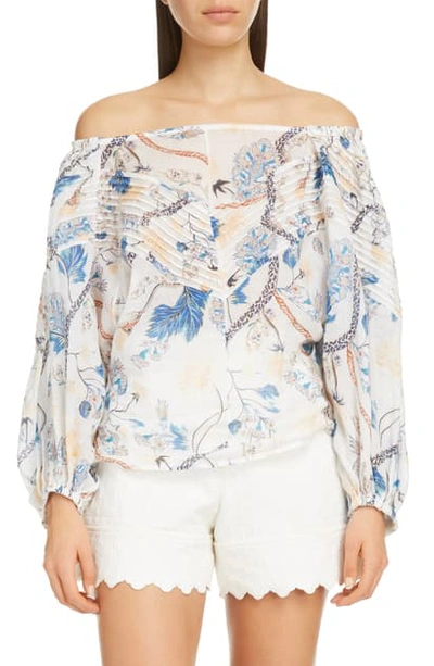 Shop Chloé Pintucked Floral Print Off The Shoulder Blouse In White - Pink