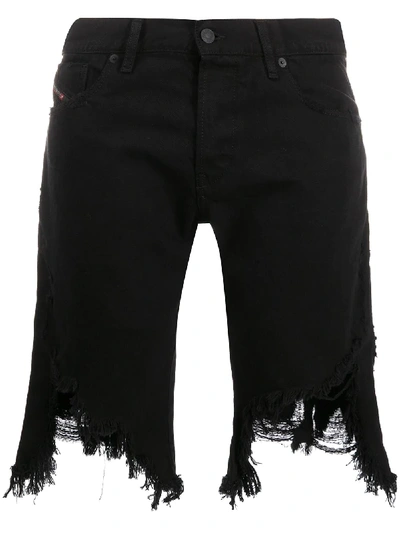 Shop Diesel Distressed Denim Shorts In Black