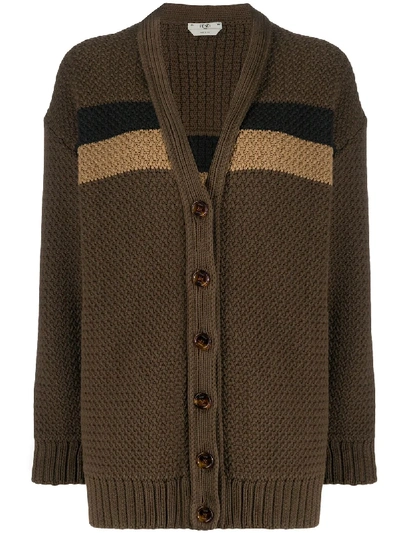 Shop Fendi Striped Panel Knitted Cardigan In Brown