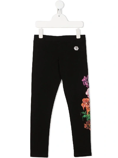 Shop Philipp Plein Junior Floral Slim-fit Leggings In Black
