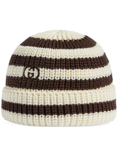 Shop Gucci Striped Knit Beanie In White