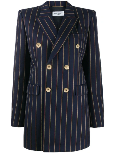Shop Saint Laurent Striped Double-breasted Blazer In Blue