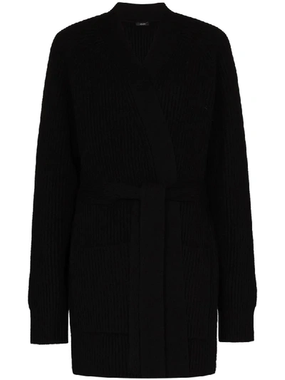 Shop Joseph Belted Rib-knit Long Cardigan In Black