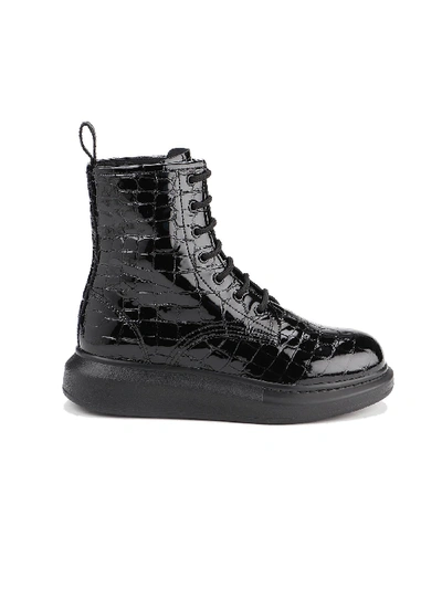 Shop Alexander Mcqueen Crocodile Effect Hybrid Lace-up Boots In Black