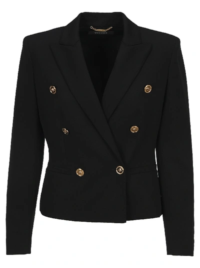 Shop Versace Double-breasted Cropped Blazer In Black