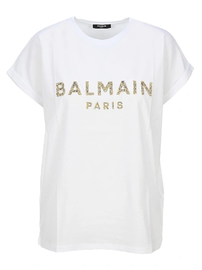 Shop Balmain Crystal Embellished Logo T-shirt In White Gold
