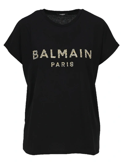 Shop Balmain Crystal Embellished Logo T-shirt In Black Gold