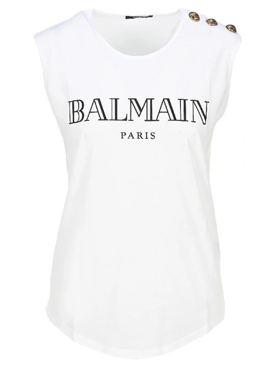 Shop Balmain Logo Print Tank Top In White Black