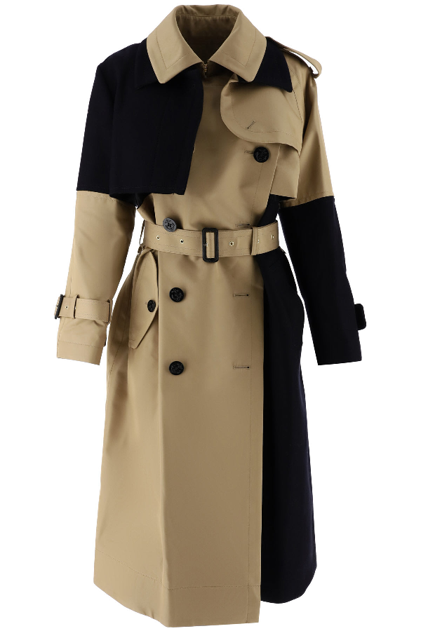 Sacai Two-tone Trench Coat In 651 Beige | ModeSens