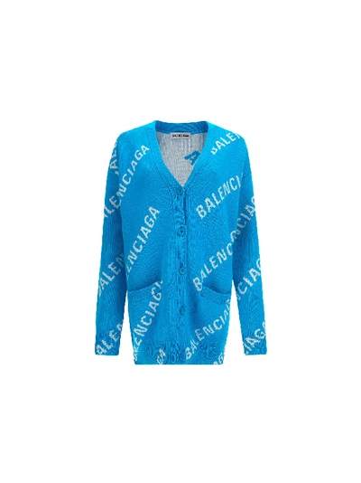 Shop Balenciaga Cardigan In Turquoise/white