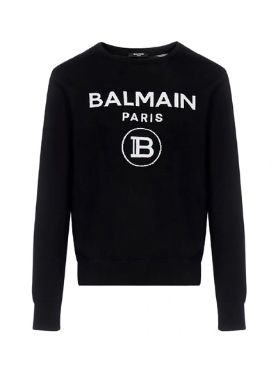Shop Balmain Logo Wool Sweater In Noir Blanc