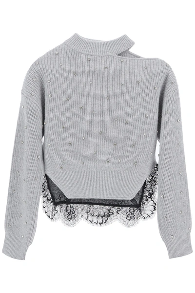 Shop Self-portrait Sweater With Crystals In Grey Marle (grey)
