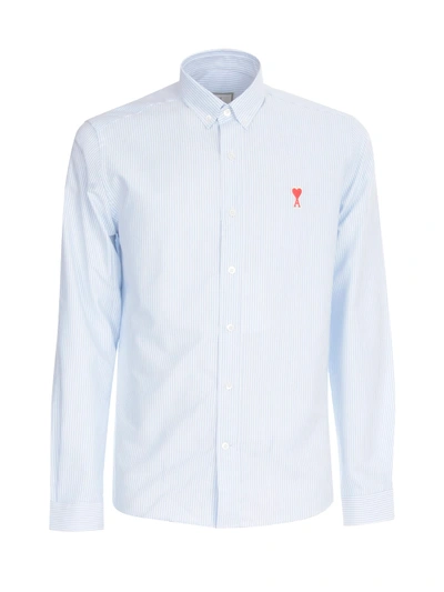 Shop Ami Alexandre Mattiussi Button Down Shirt Ami De Coeur Patch Striped Cotton In Blue White