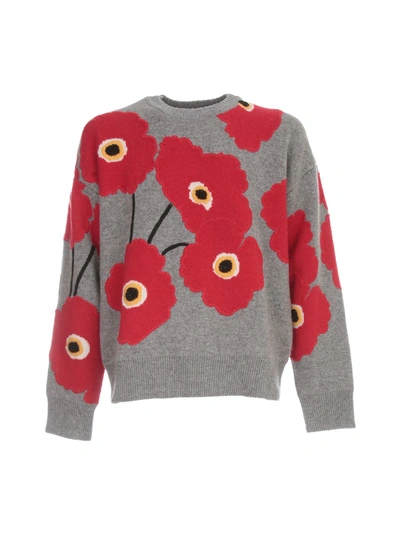 Shop Ami Alexandre Mattiussi Flower Jacquard Crew Neck Sweater Lambswool In Red Anthracite