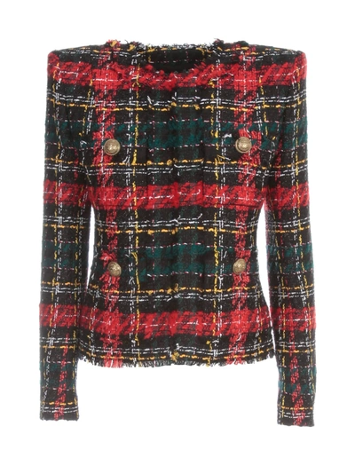 Shop Balmain Collarless Tartan Tweed Jacket In Eah Noir Multico