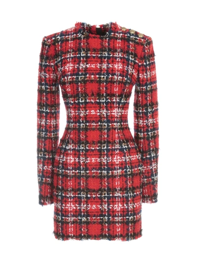 Shop Balmain Short Ls 3 Btn Tartan Tweed Dress In Mau Rouge Multico