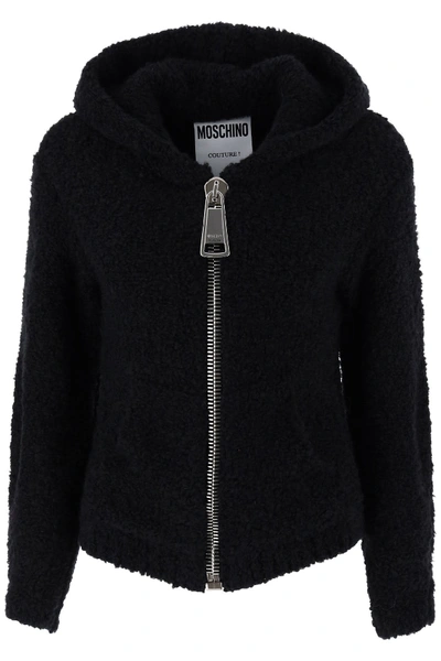 Shop Moschino Boucle Cardigan With Maxi Zip In Nero (black)