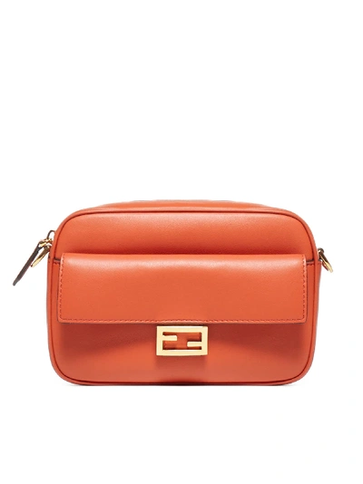 Shop Fendi Logo Leather Camera Bag In Brick + Os