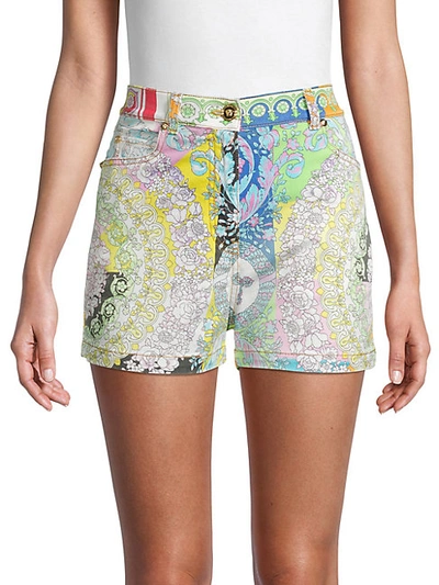 Shop Versace Print Stretch-denim Shorts In Multi