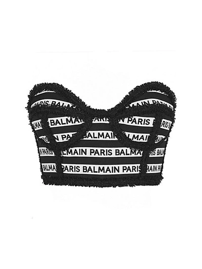Shop Balmain Striped Logo Bustier In Black