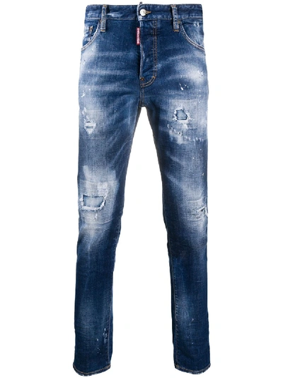Shop Dsquared2 Slim Fit Mid-rise Paint Splatter Jeans In Blue