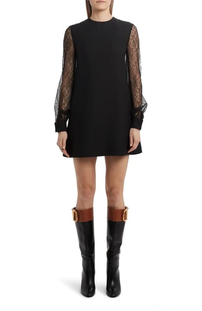 Shop Valentino Long Lace Sleeve Crepe Shift Dress In Nero