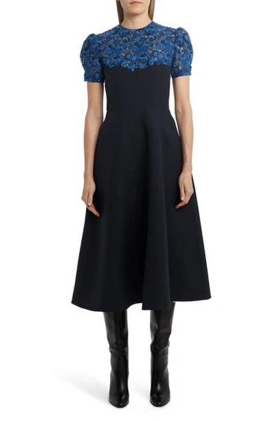 Shop Valentino Lace Yoke Fit & Flare Midi Dress In Navy/ Blue Delft