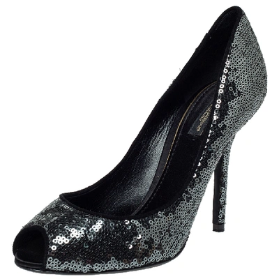 Pre-owned Dolce & Gabbana Metallic Silver Sequins Peep Toe Pumps Size 38