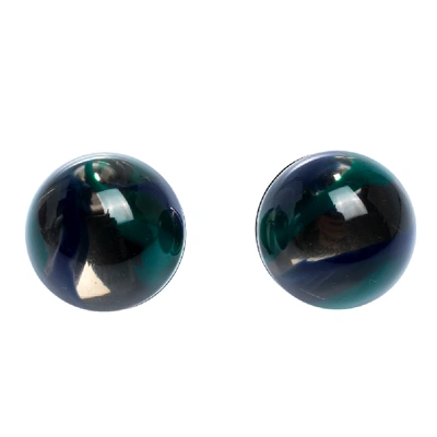 Pre-owned Burberry Marbled Resin Palladium Plated Sphere Stud Earrings In Multicolor