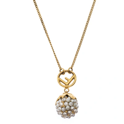 Pre-owned Fendi Faux Pearl Fruit Motif Gold Tone Pendant Necklace