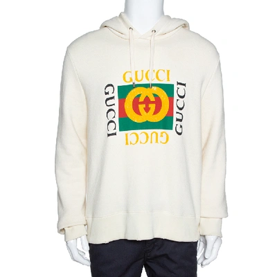 Pre-owned Gucci Cream Vintage Logo Print Cotton Distressed Hoodie M